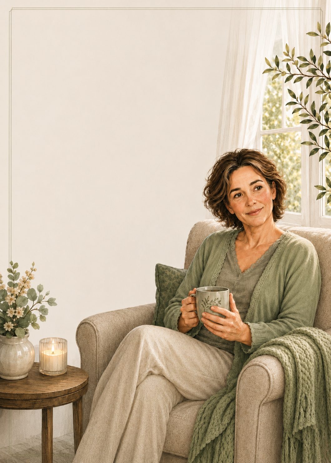 A woman in her fifties sitting calmly in a sunlit armchair with a warm drink